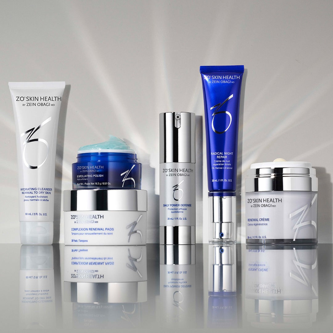ZO Skin Health by Zein Obagi, MD products — Hydrating Cleanser, Exfoliating Polish, Complexion Renewal Pads, Daily Power Defense, Radical Night Repair and Renewal Crème