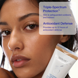 Woman holding a skincare product with text about triple-spectrum protection and antioxidant defense.