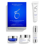 ZO Skin Health skincare products including a blue box, white tube, silver jar, and other containers on a white background.