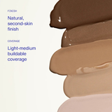 Three swatches of tinted spf with text describing finish and coverage on a white background