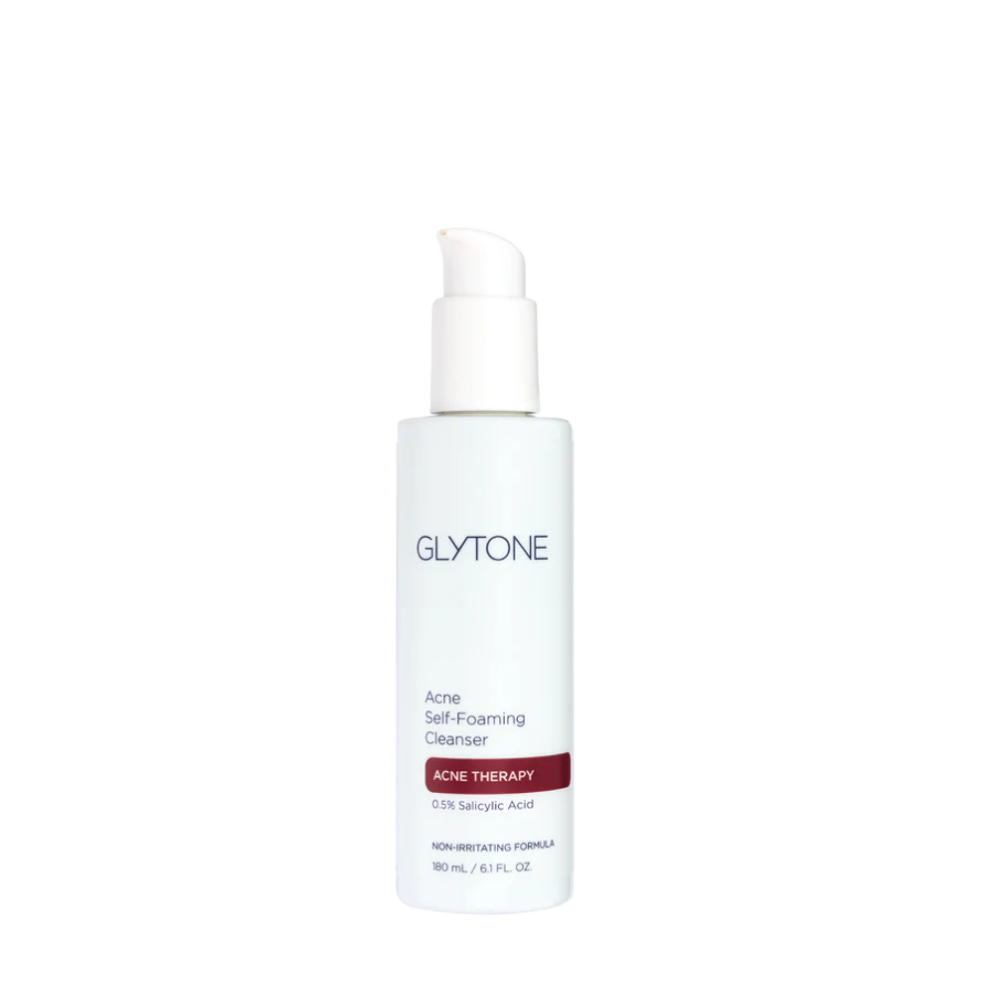 Glytone Acne Self Foaming Cleanser for acne-prone skin, removes excess oil and unclogs pores.