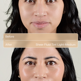 Before and after comparison of a woman's face with sheer fluid tint light-medium application.