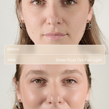 Before and after comparison of a woman's face with 'Sheer Fluid Tint Fair-Light' application.