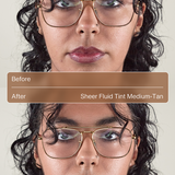Before and after comparison of a cosmetic product on a person's face.
