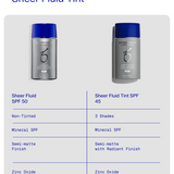 Two bottles of sheer fluid and sheer fluid tint with product details on a white background