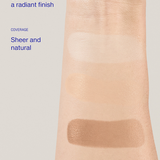 Cosmetic swatch on a person's arm with text describing finish and coverage.