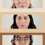 Three women with different skin tones displayed on a beige background