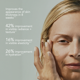Woman touching her face with text on skin improvement benefits on a gray background