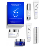 Zo Skin Health by Zein Obagi anti-aging retinol program set, featuring a blue and silver outer box, a white serum bottle with a silver cap, a white cream tube, a white jar with a silver lid, and a blue-and-silver jar, arranged on a white background.