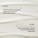 Close-up of a white cream or serum texture with black text callouts reading ZO-RDS and ZO-RRS2, describing skin renewal and antioxidant protection.