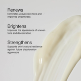 Close-up of a glossy cream-colored cosmetic smear on a light gray background with text describing skincare benefits: Renews, Brightens, and Strengthens.
